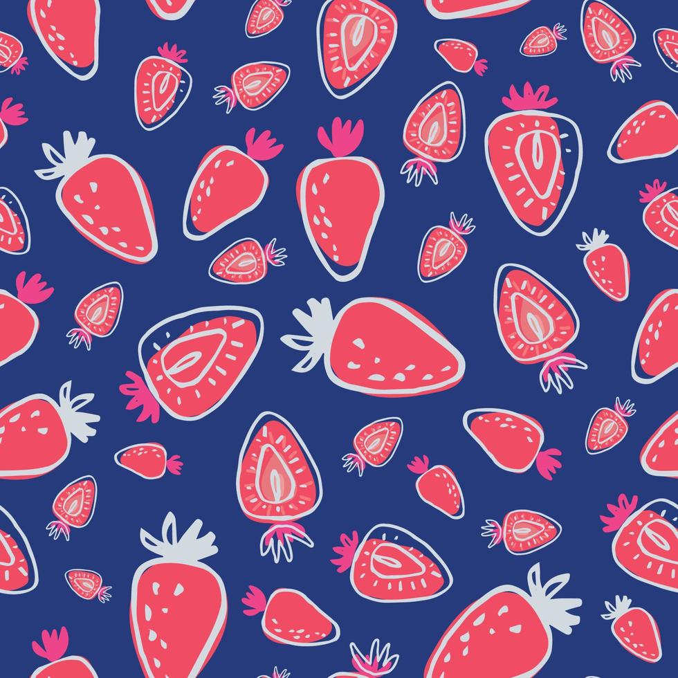 Seamless pattern with hand drawn strawberries on blue backdrop. Surface design vector illustration great for restaurants, bakeries, textiles, home decor.