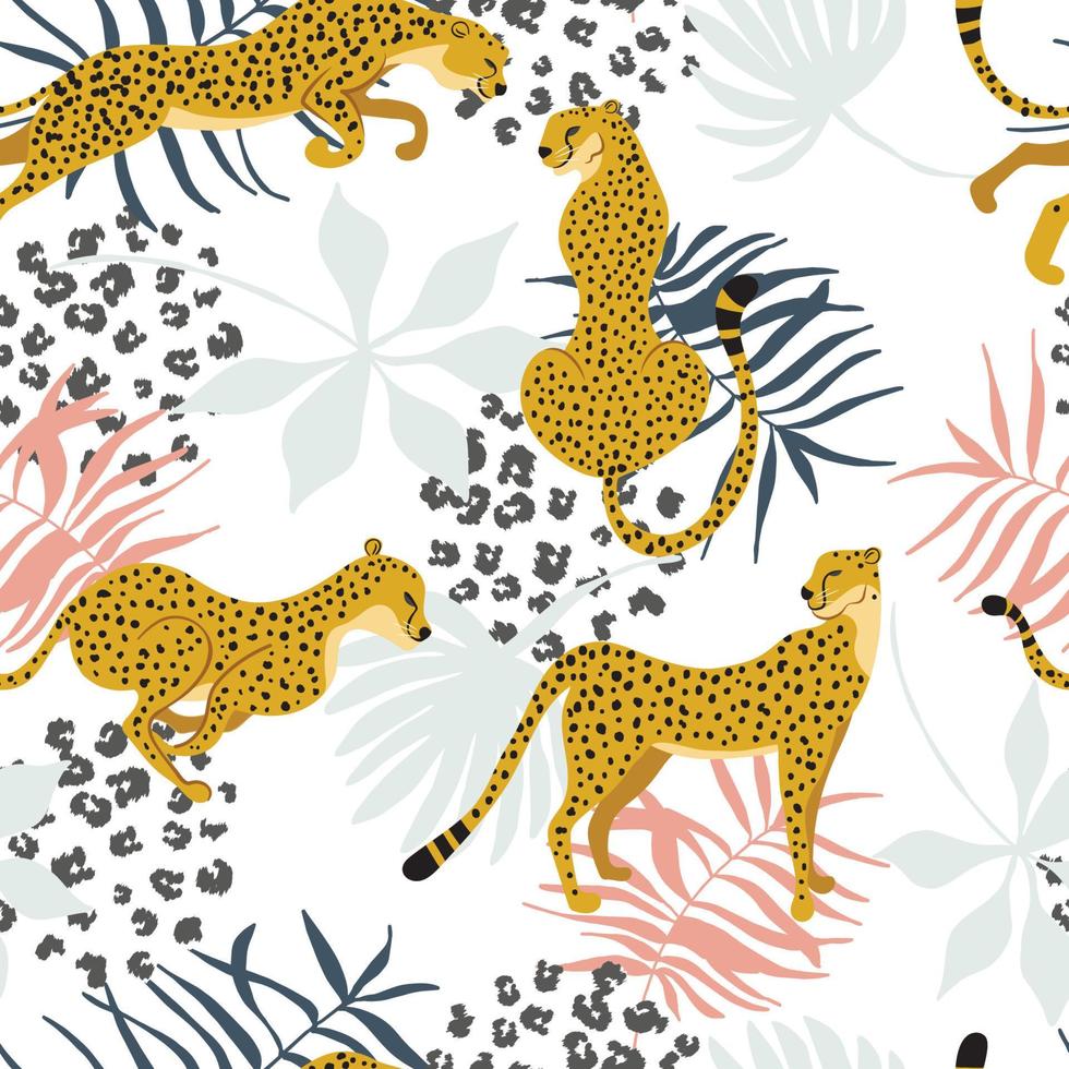 Seamless pattern of Cheetah with palm leaves and dots of Leopard print  skin. Exotic art background coloured with pastel. Vector animalistic design  for textile, fabric, wrap paper, or wallpaper. 11883411 Vector Art