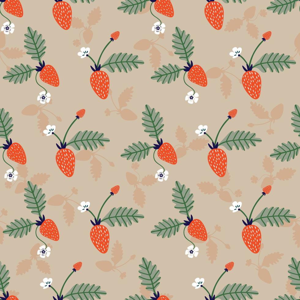 Summer seamless pattern with fresh red strawberries and silhouette. Surface design vector illustration, great for restaurants, bakeries, textiles, home decor, paper, packaging and wrapping use.