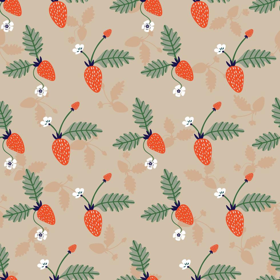 patrón sin costuras de verano con fresas rojas frescas y silueta. ilustración vectorial de diseño de superficie, excelente para restaurantes, panaderías, textiles, decoración del hogar, papel, embalaje y uso de envoltura. vector