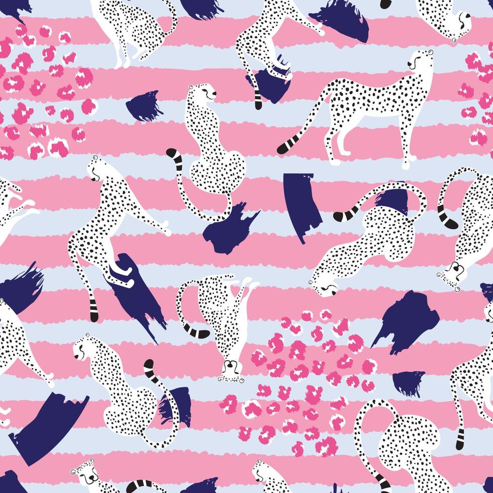 Seamless pattern with wild black white cats Cheetahs in different poses on pink and rough horizontal lines with some spots and motifs. Great for wrap paper, wallpapers, textile vector