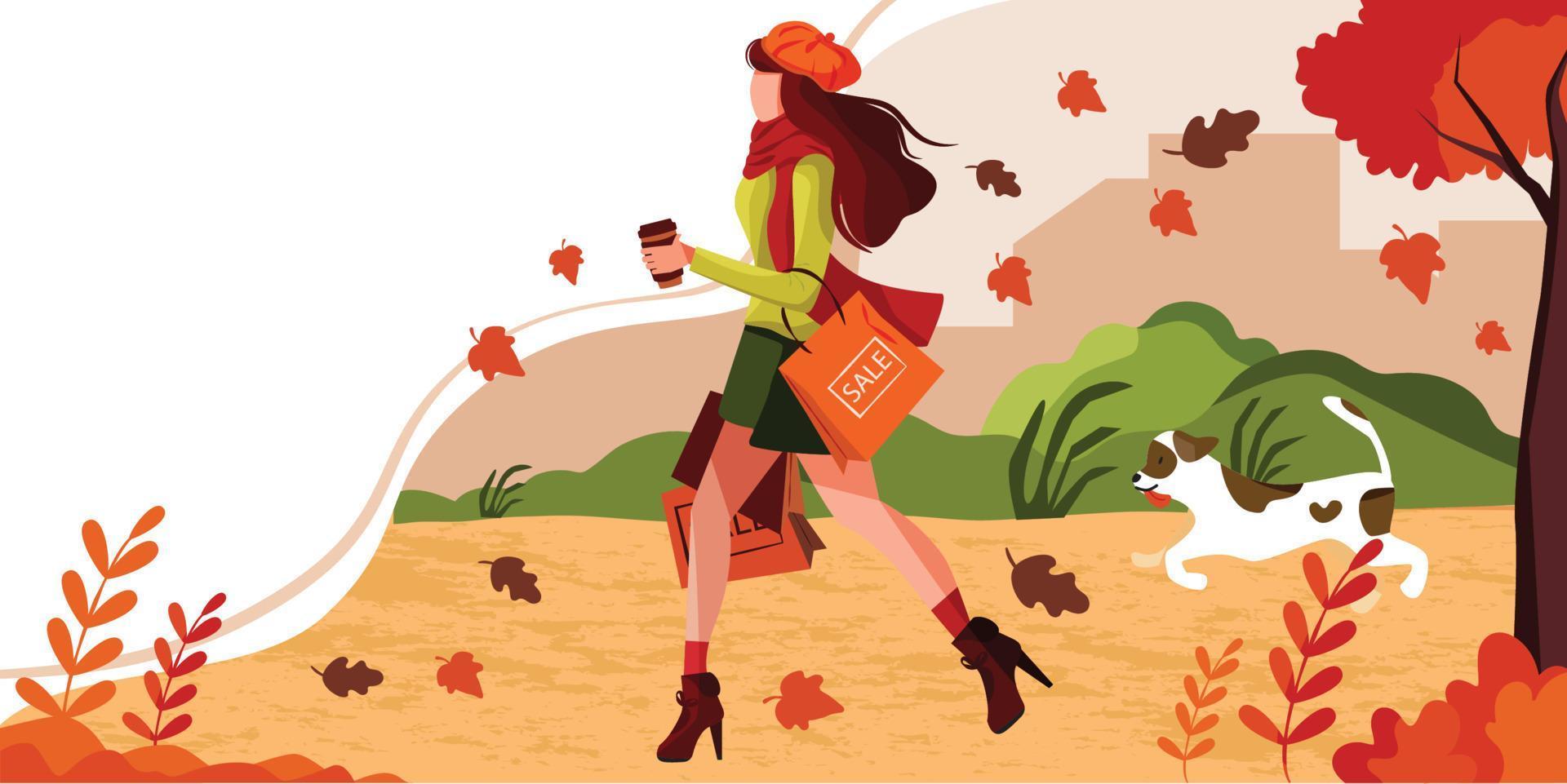 la niña camina con el perro en el parque lleva bolsas de compras en el jardín de otoño con hojas cayendo y clima ventoso. concepto de plantilla de banner de venta de temporada de otoño para promover el descuento. vector