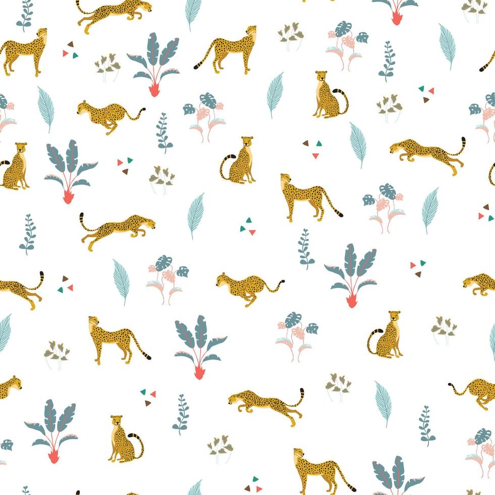 Seamless pattern with wild cats Cheetahs in different poses and exotics palms tree coloured with bright pastel. Tropical summer on white backdrop. Great for wrap paper, wallpapers, web page vector