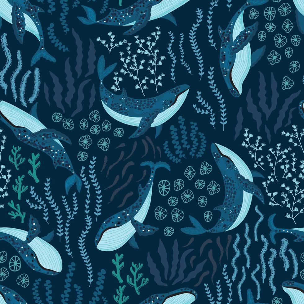 Seamless pattern with underwater humpback whales dancing under the sea on dark blue background. Vector illustration with whales in riverbed surrounded by seaweed and algae.