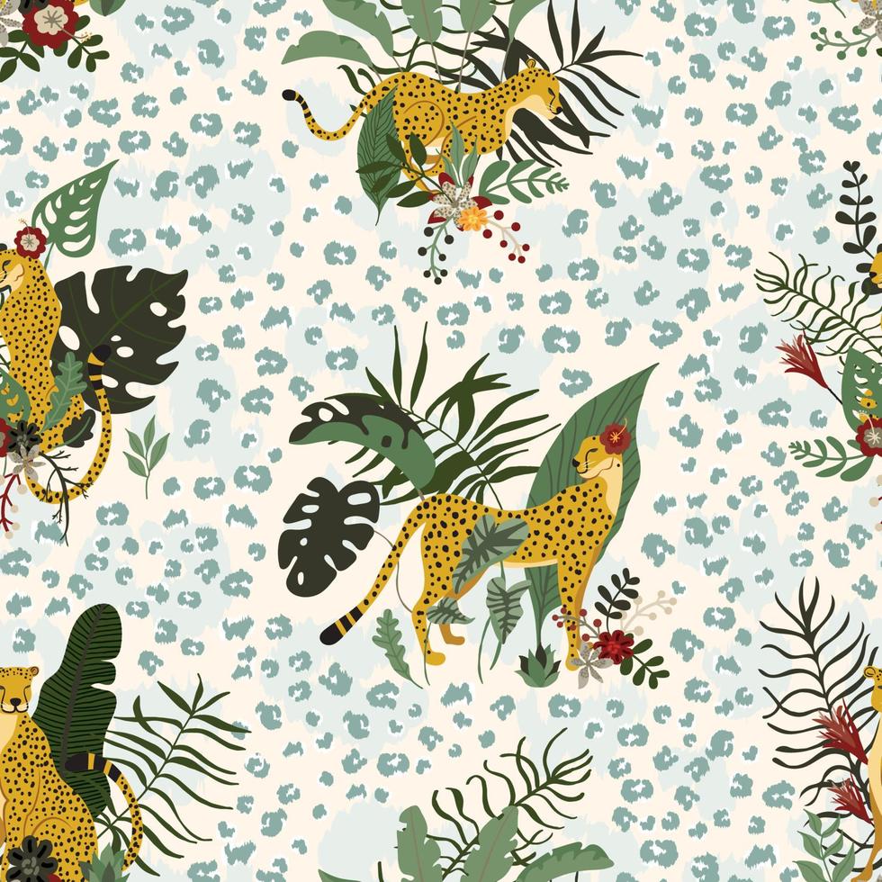 Seamless pattern with wild jungle cheetahs animals in different poses and exotics floral and leaves. Tropical cats with leopard print skin. Great for wrap paper, wallpapers, surface textile vector