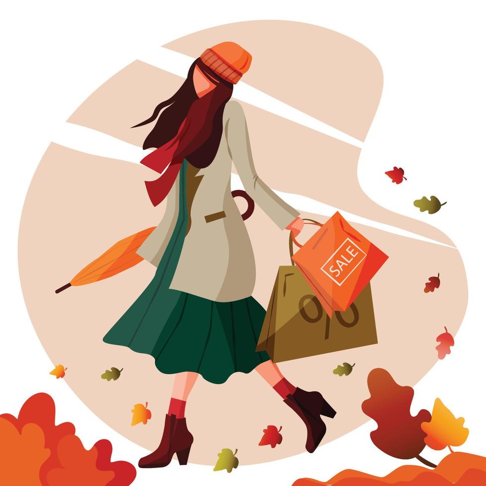 la niña camina sosteniendo bolsas de compras y paraguas cerrados en el clima ventoso de otoño. concepto mujer bonita y de moda llevar bolsas de venta de tienda. vector