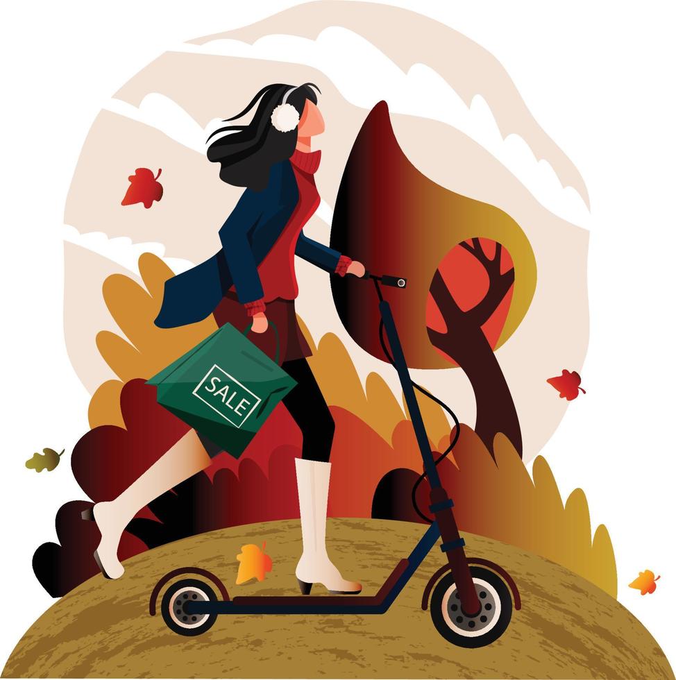 la niña camina sosteniendo una bolsa de compras y un scooter eléctrico en el clima otoñal y ventoso. concepto mujer bonita y de moda tienda venta bolsas. para afiches, pancartas, volantes para publicidad o promoción vector