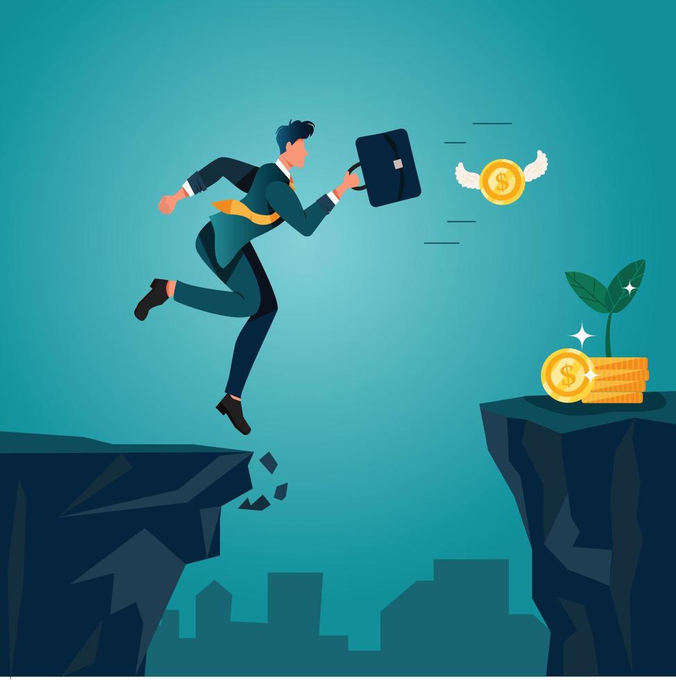 An optimistic businessman jumping and running over cliffs, chasing money coins. Concept business risk. Flat character illustration about effort to reach goals, success, and wealthiness. vector