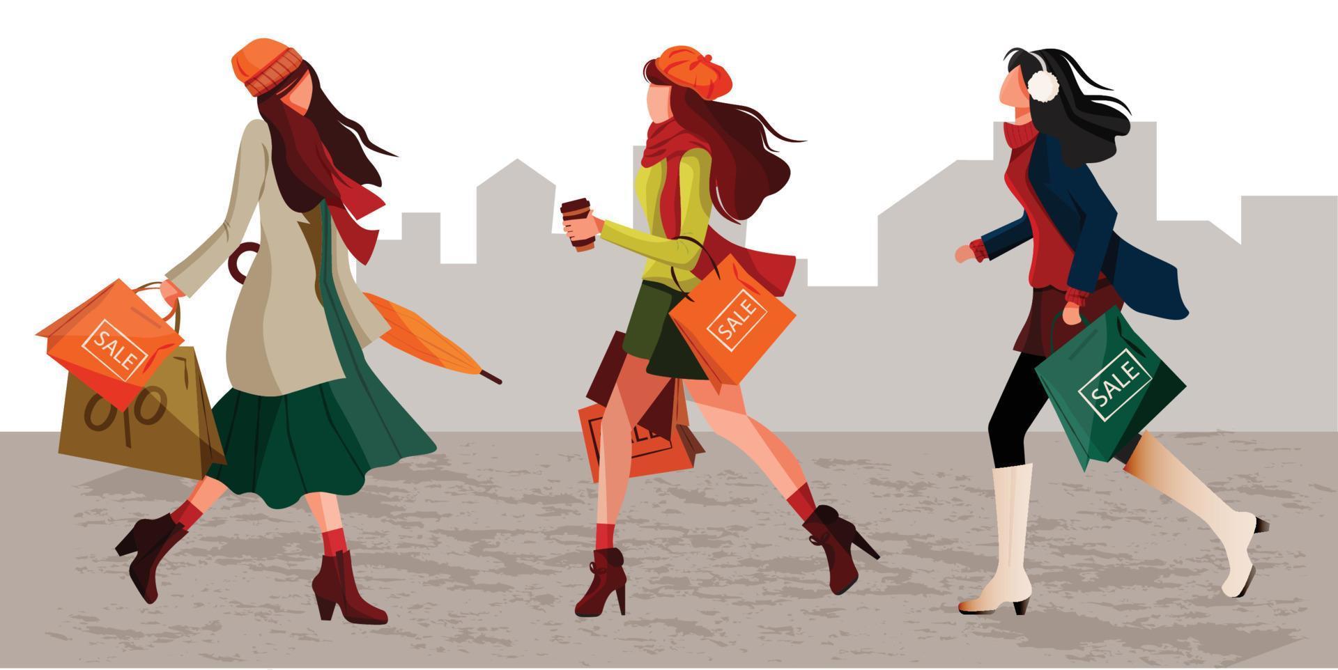 Character set stylish women walking holding shopping bag in autumn warm outfits. Concept of pretty and fashionable young girls enjoying discounts. Great for poster, banner, flyer for Autumn Sale. vector