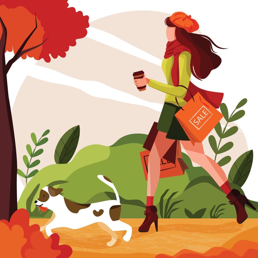 niña camina con perro en el parque con bolsas de compras en el bosque de otoño. concepto mujer bonita y de moda llevar bolsas de venta de tienda y sosteniendo una taza de café. otoño al aire libre. principios de la temporada cálida de otoño vector