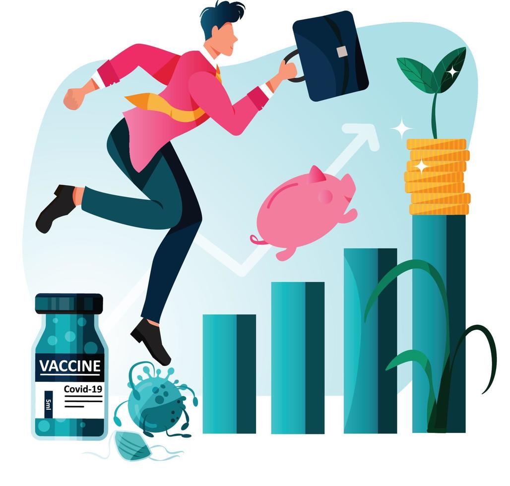 Businessman and piggy bank excited for economy recovery post pandemic. Vaccine is found virus pathogen is dead. No mask. Positive business growing after Coronavirus. vector