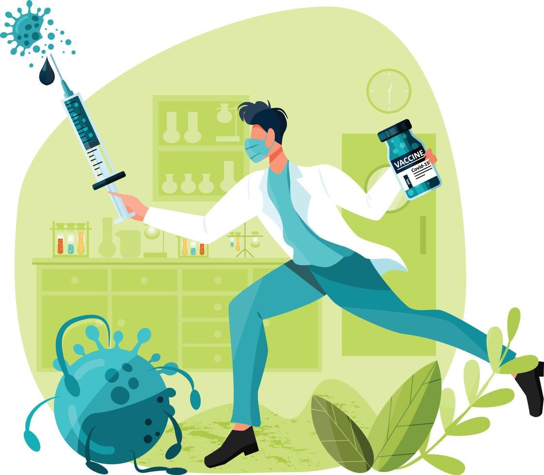 Virology fights against viruses in laboratory room, holding vaccine, syringe and wearing medical face mask. Illustration of coronavirus vaccine complete development. Vaccine is found vector