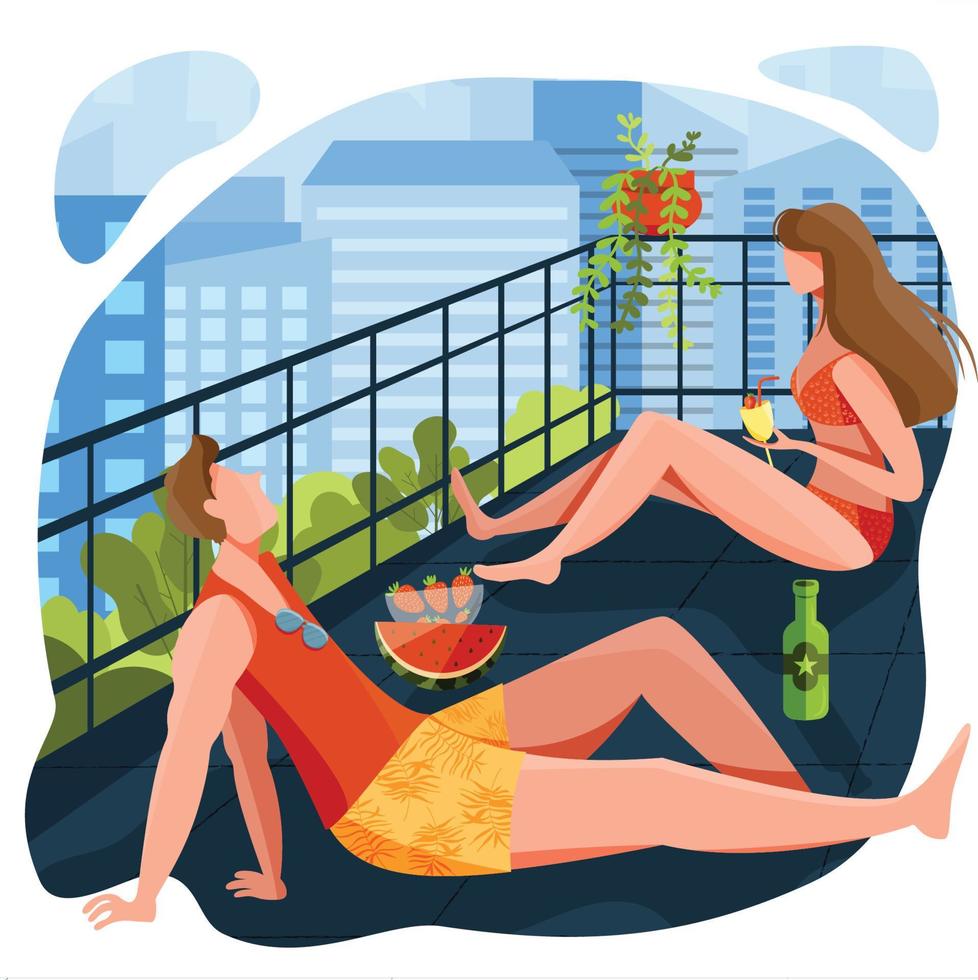 pareja disfrutando de la temporada de verano desde el balcón de la habitación del hotel apartamento. divertida actividad para tomar el sol en el interior. quédese en casa durante el verano caluroso y caluroso. pasar el verano en casa. diseño de concepto de verano. vector