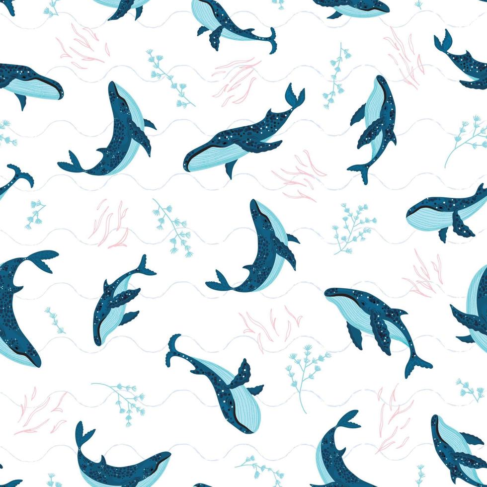 Seamless pattern with underwater humpback whales swimming on white wave background. Vector illustration with whales in riverbed surrounded by seaweed and algae.