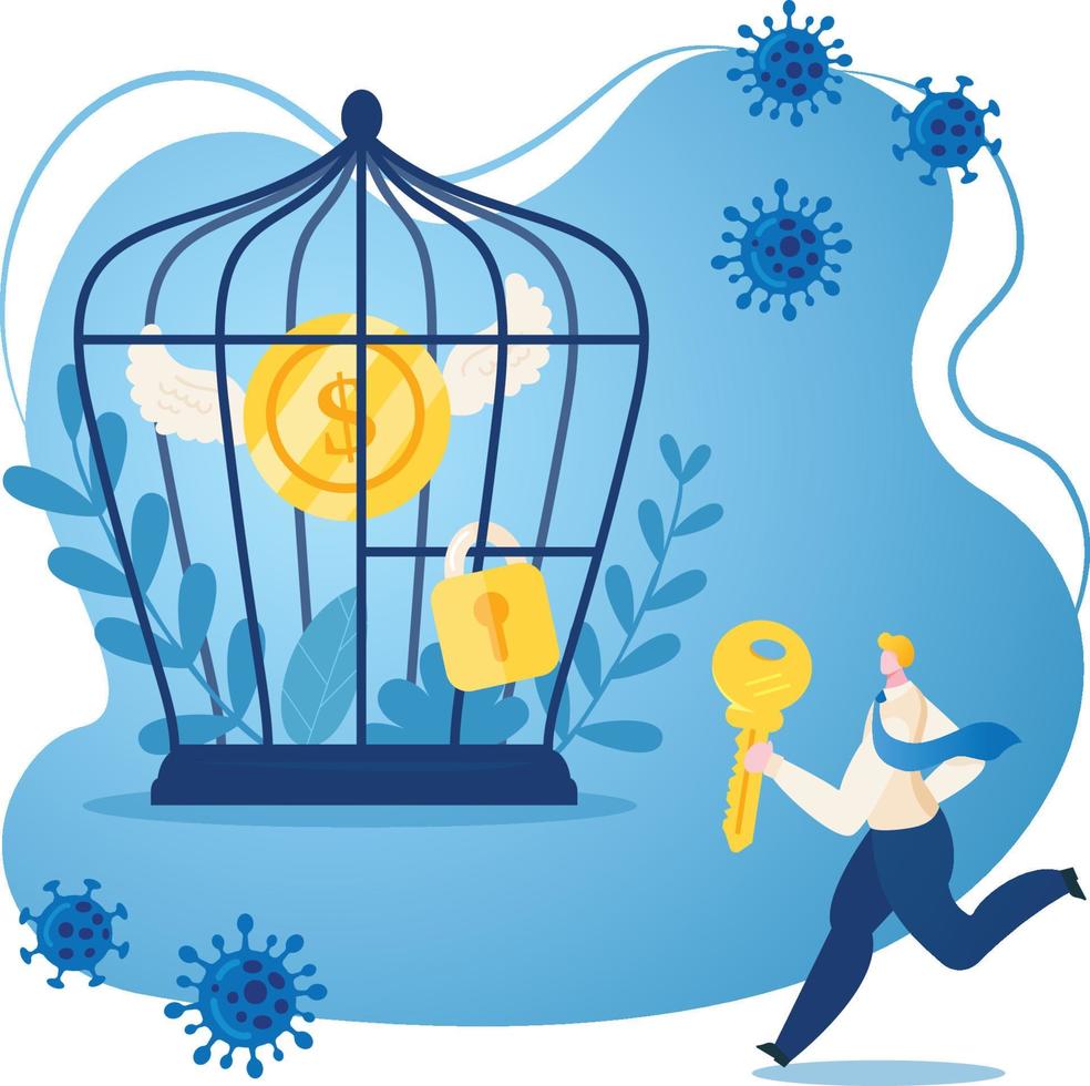 Flat illustration of reopen business after lockdown. Businessman Leader is running by holding key to unlock cage with flying dollar coin inside. Trying to restore economy recession. vector