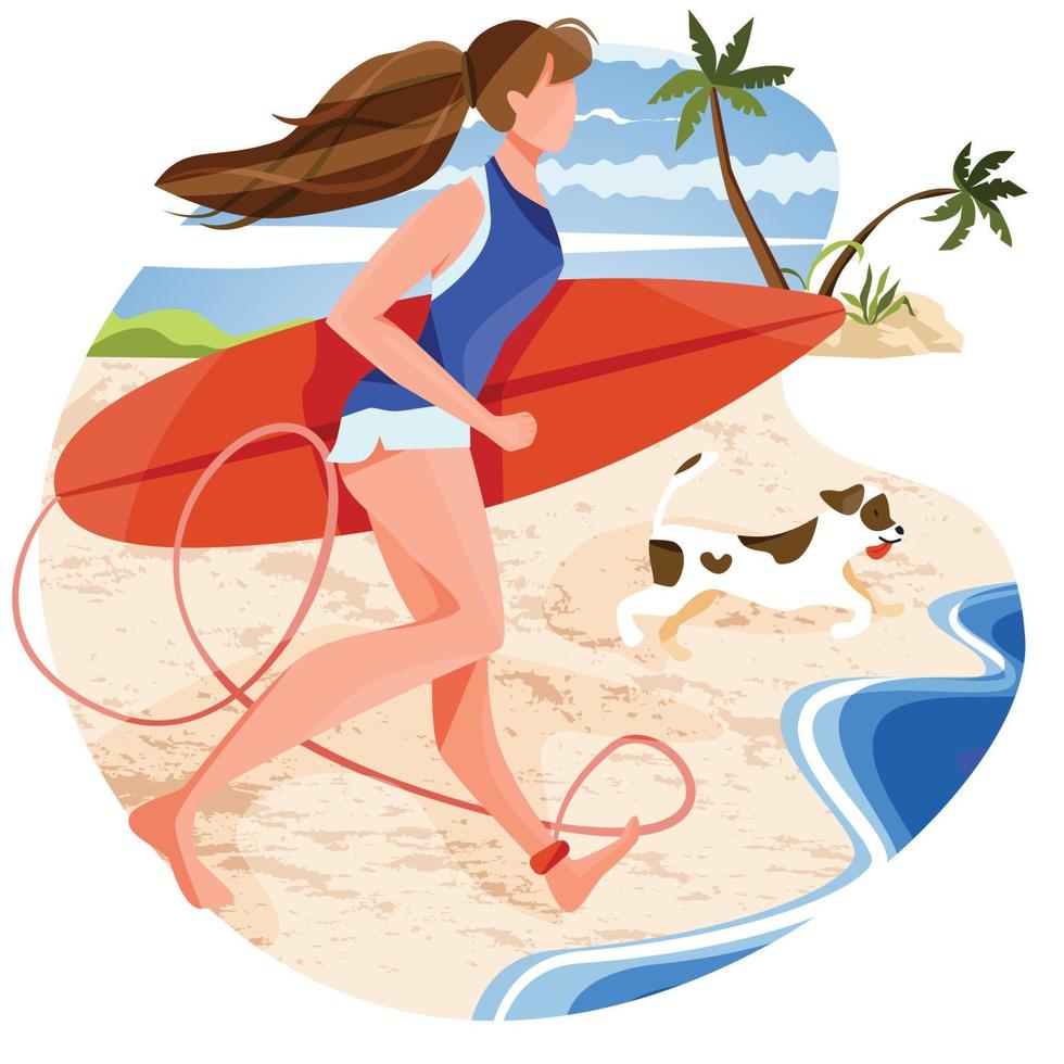 ilustración de una mujer corriendo sosteniendo una tabla de surf con su perro a las olas. emocionado por la actividad al aire libre para disfrutar del verano en un día brillante. vacaciones de verano, vacaciones tropicales, actividades acuáticas en la playa. vector