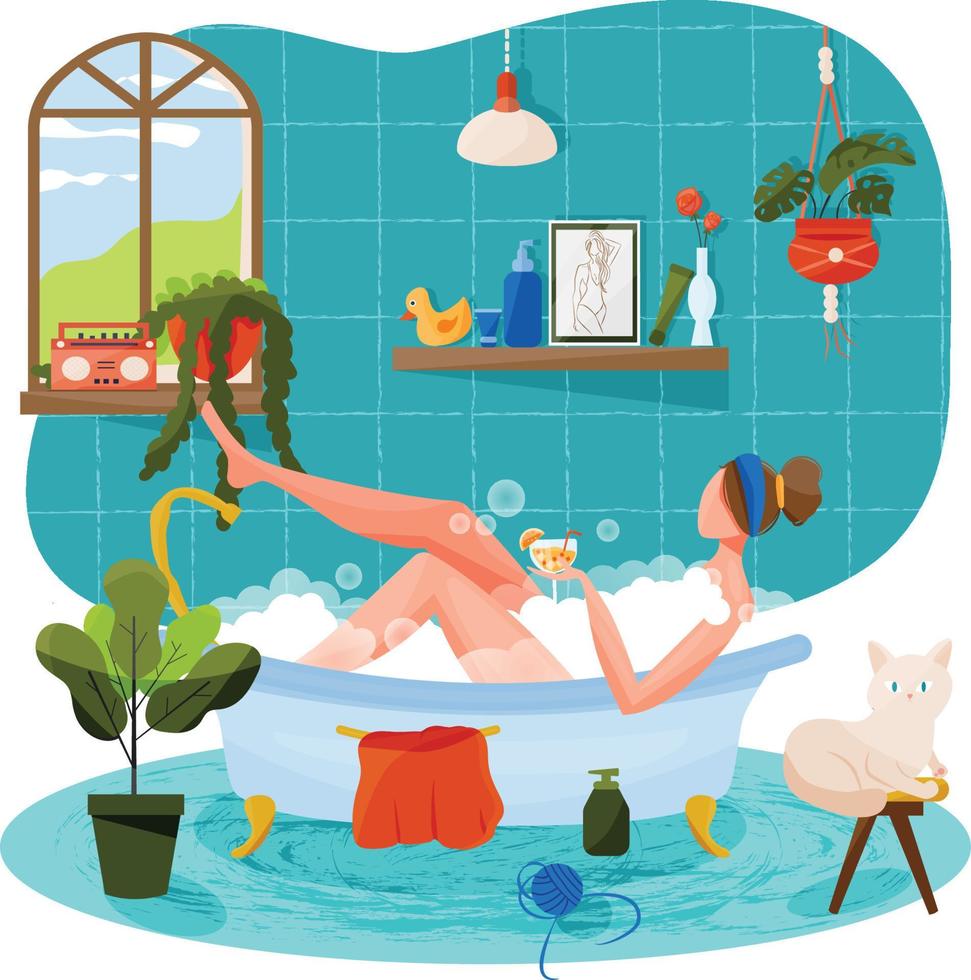 Vector illustration in flat cartoon style with girl taking bath holding cocktail. Personal care, me time, time for yourself. Cozy bathroom interior with household items, skin care cosmetics.