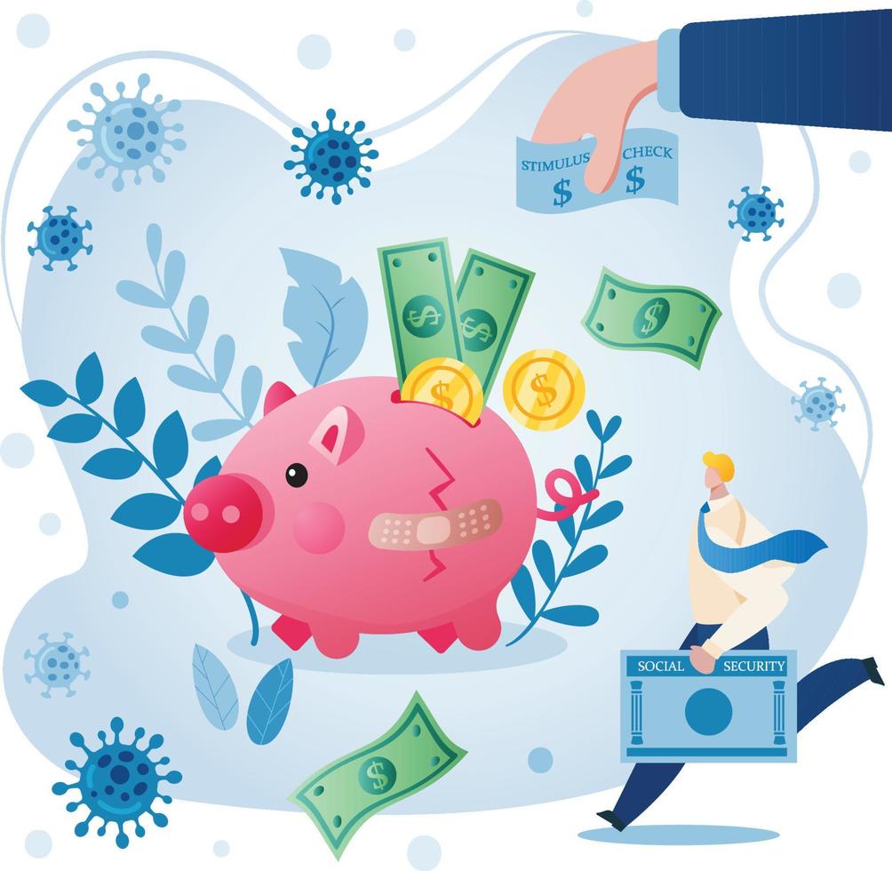 Illustration of Government hand out stimulus check money to American who has Social Security Number, the broken piggy bank saving is slightly healed. Concept of economic stimulus in Coronavirus vector