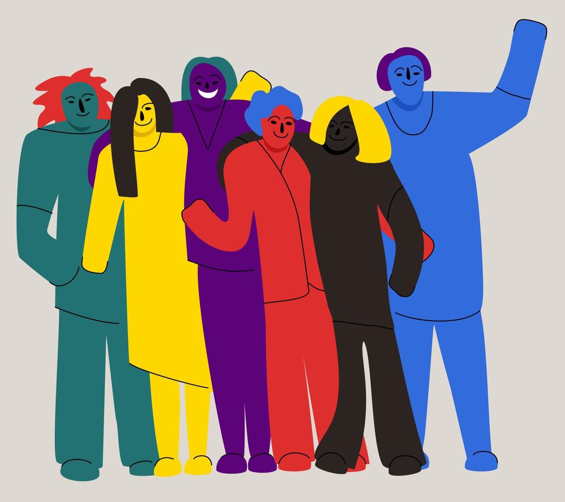 Several people standing together and hugging. Team concept. vector