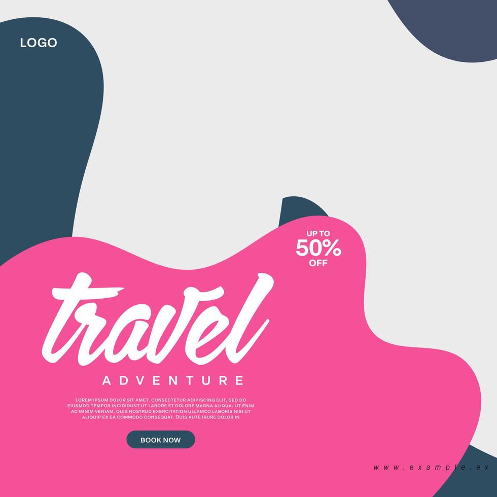 Social media post template for travel and tourism business promotion with agency logo and icons. Summer beach vacation web banner on abstract background. Travel sales poster. Online marketing flyer. vector