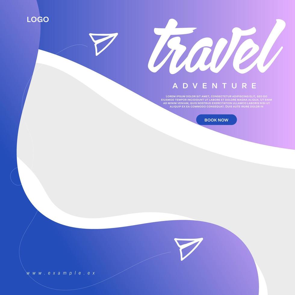 Social media post template for travel and tourism business promotion with agency logo and icons. Summer beach vacation web banner on abstract background. Travel sales poster. Online marketing flyer. vector