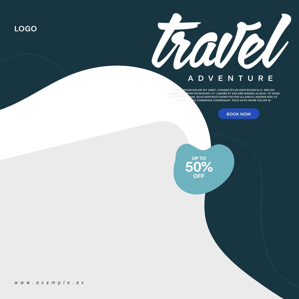 Social media post template for travel and tourism business promotion with agency logo and icons. Summer beach vacation web banner on abstract background. Travel sales poster. Online marketing flyer. vector