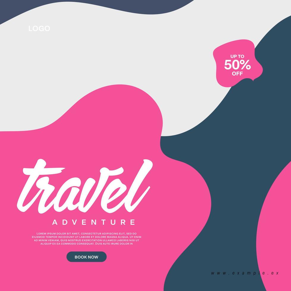 Social media post template for travel and tourism business promotion with agency logo and icons. Summer beach vacation web banner on abstract background. Travel sales poster. Online marketing flyer. vector