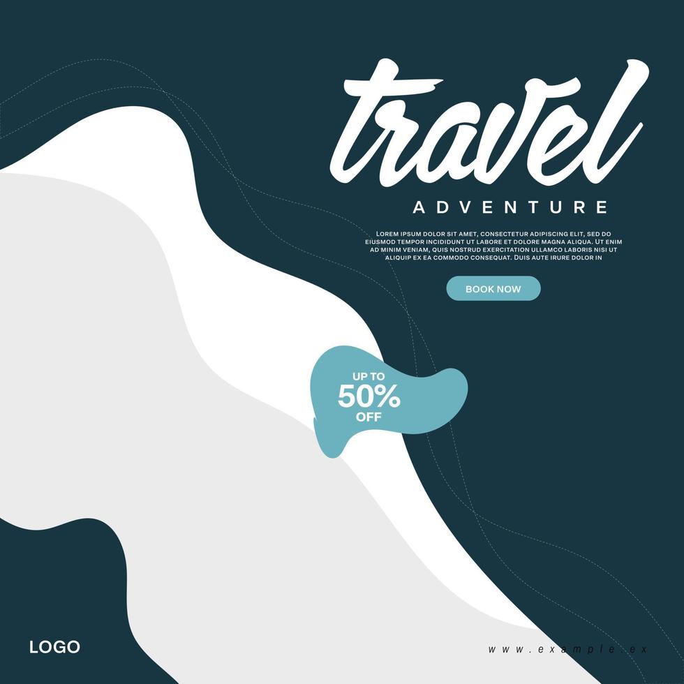 Social media post template for travel and tourism business promotion with agency logo and icons. Summer beach vacation web banner on abstract background. Travel sales poster. Online marketing flyer. vector