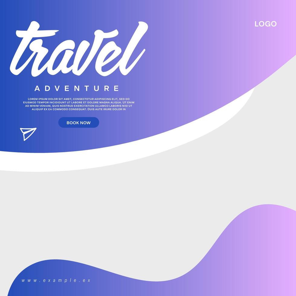 Social media post template for travel and tourism business promotion with agency logo and icons. Summer beach vacation web banner on abstract background. Travel sales poster. Online marketing flyer. vector