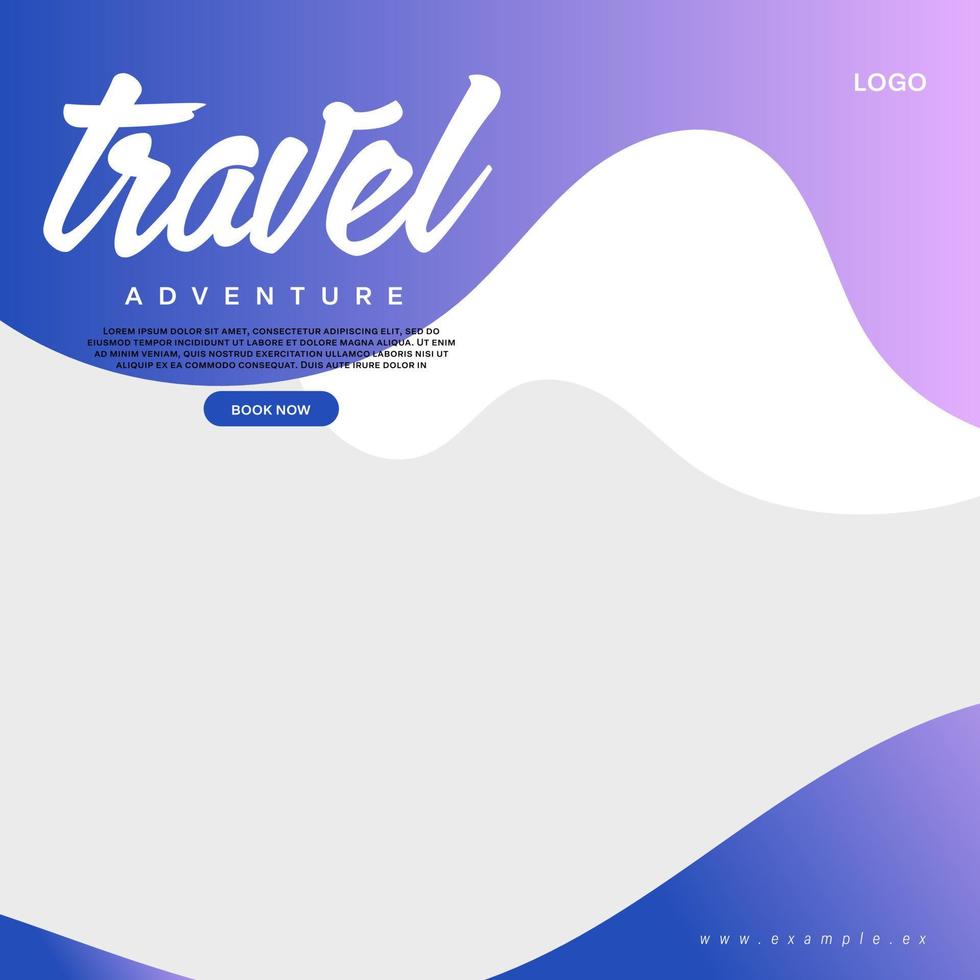 Social media post template for travel and tourism business promotion with agency logo and icons. Summer beach vacation web banner on abstract background. Travel sales poster. Online marketing flyer. vector