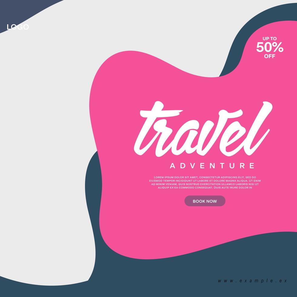 Social media post template for travel and tourism business promotion with agency logo and icons. Summer beach vacation web banner on abstract background. Travel sales poster. Online marketing flyer. vector