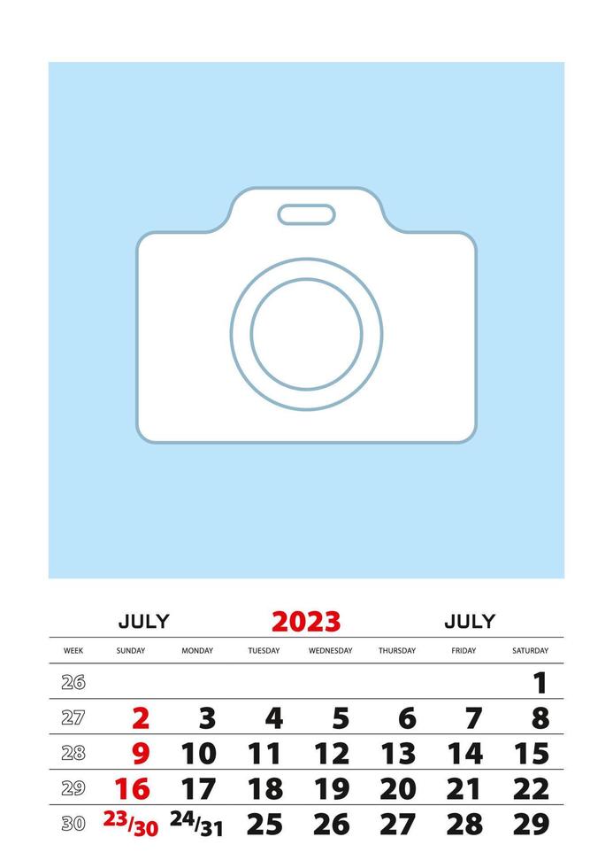 July 2023 calendar planner A3 size with place for your photo. vector