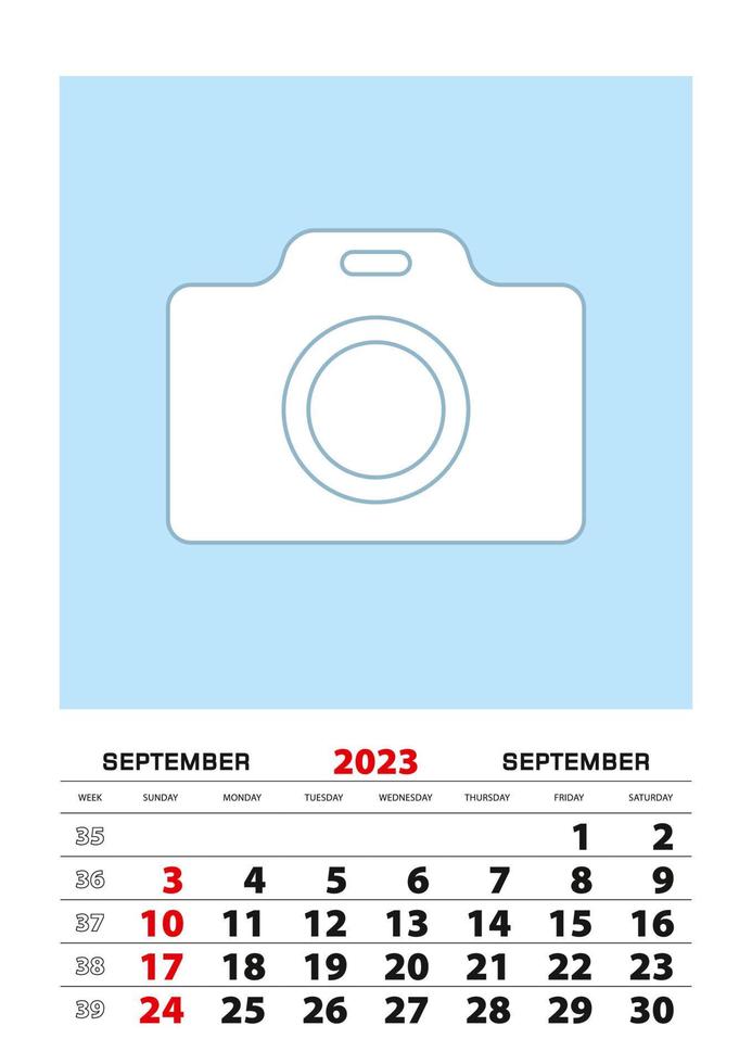 September 2023 calendar planner A3 size with place for your photo. vector