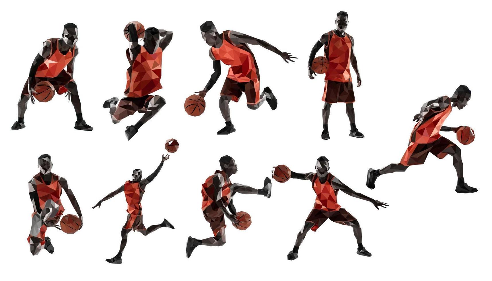 jugador de baloncesto profesional en ropa deportiva con acción de bola en movimiento low poly vector