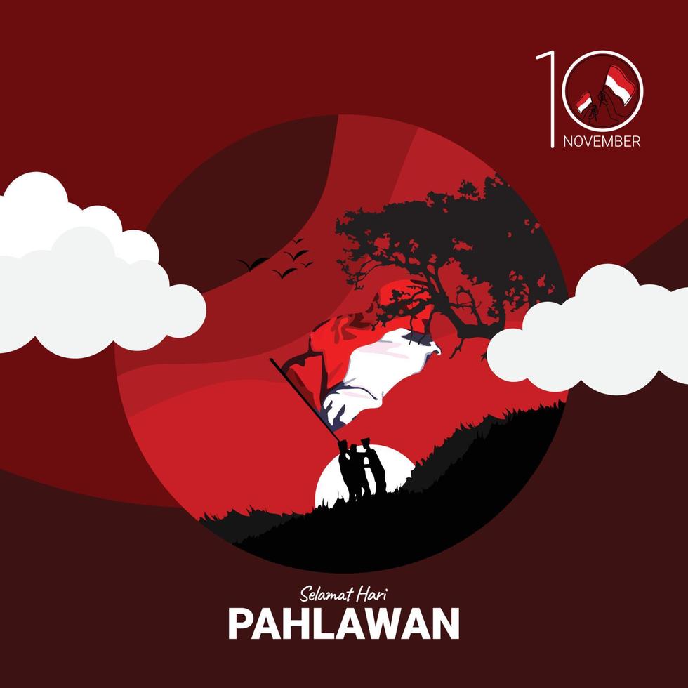 Hari pahlawan nasional silhouette person in the night with the moon and trees on the red background vector