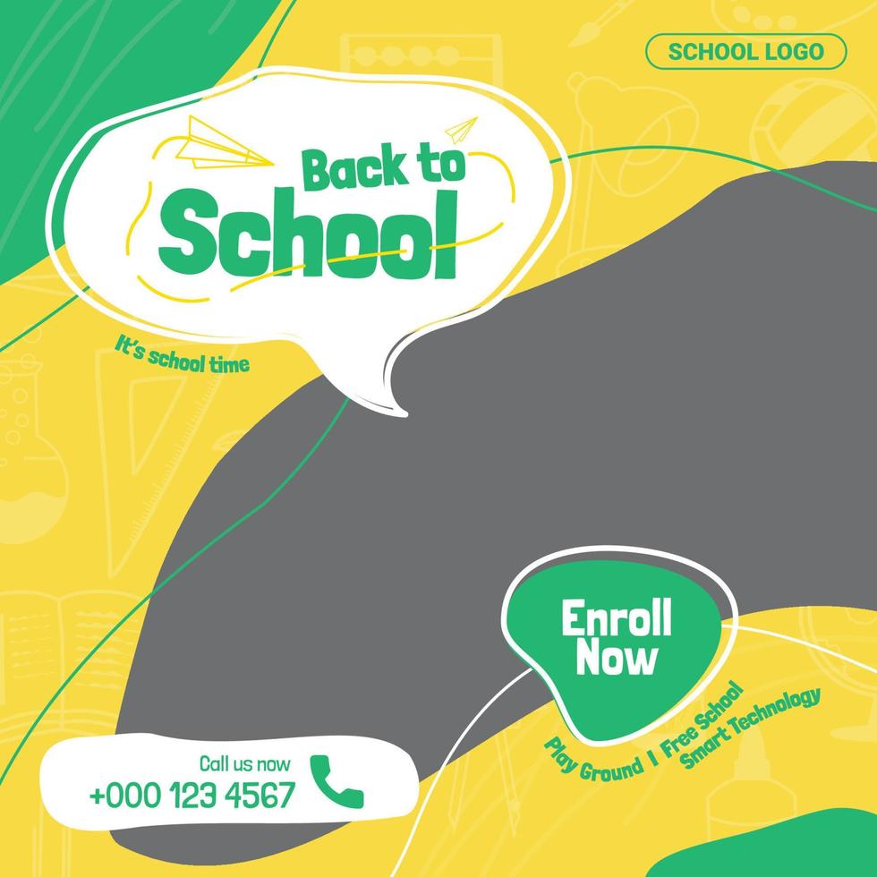 School social media template design with green and yellow style and fun line drawing with with speech bubble vector