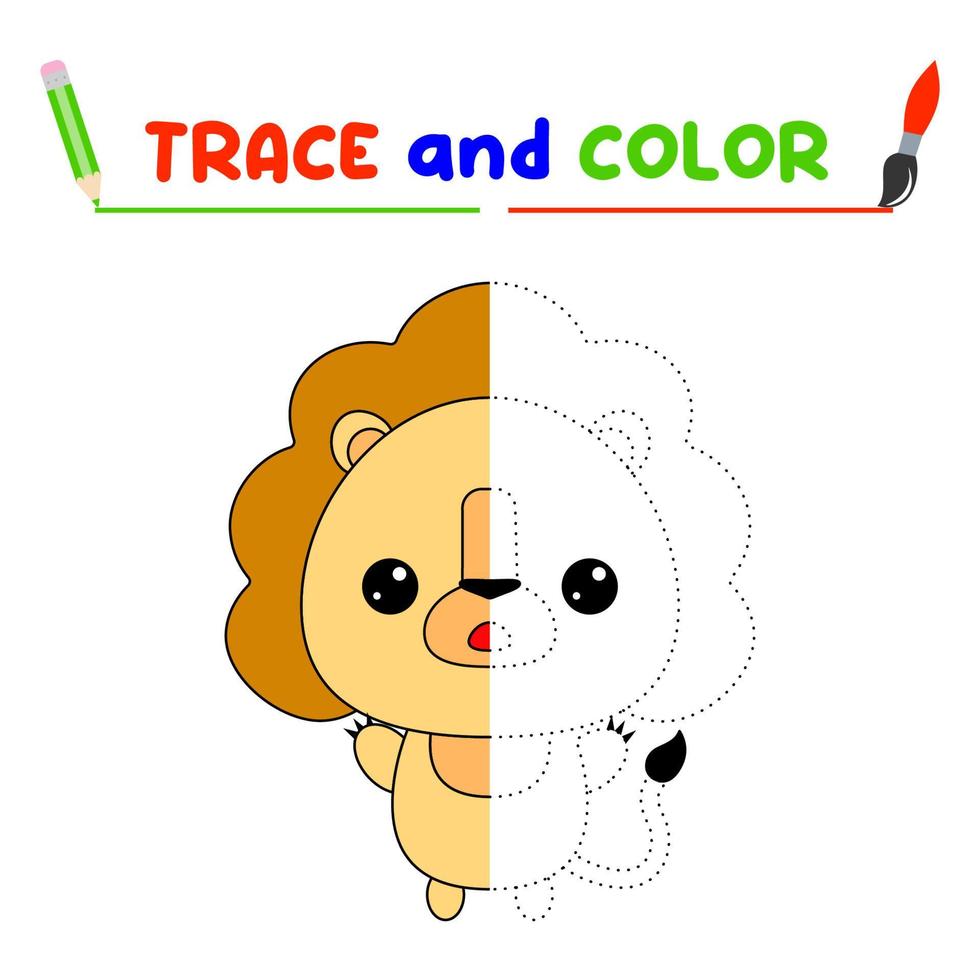 Traza y colorea el animal. una hoja de entrenamiento para niños en edad preescolar.tareas educativas para niños.libro de colorear león vector