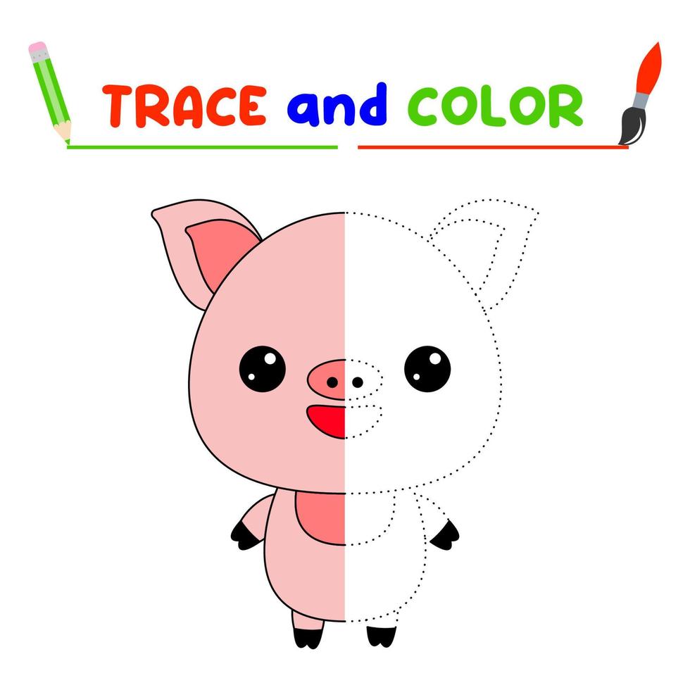 trace and color the animal. A training sheet for preschool children.Educational tasks for kids.Pig Coloring Book vector