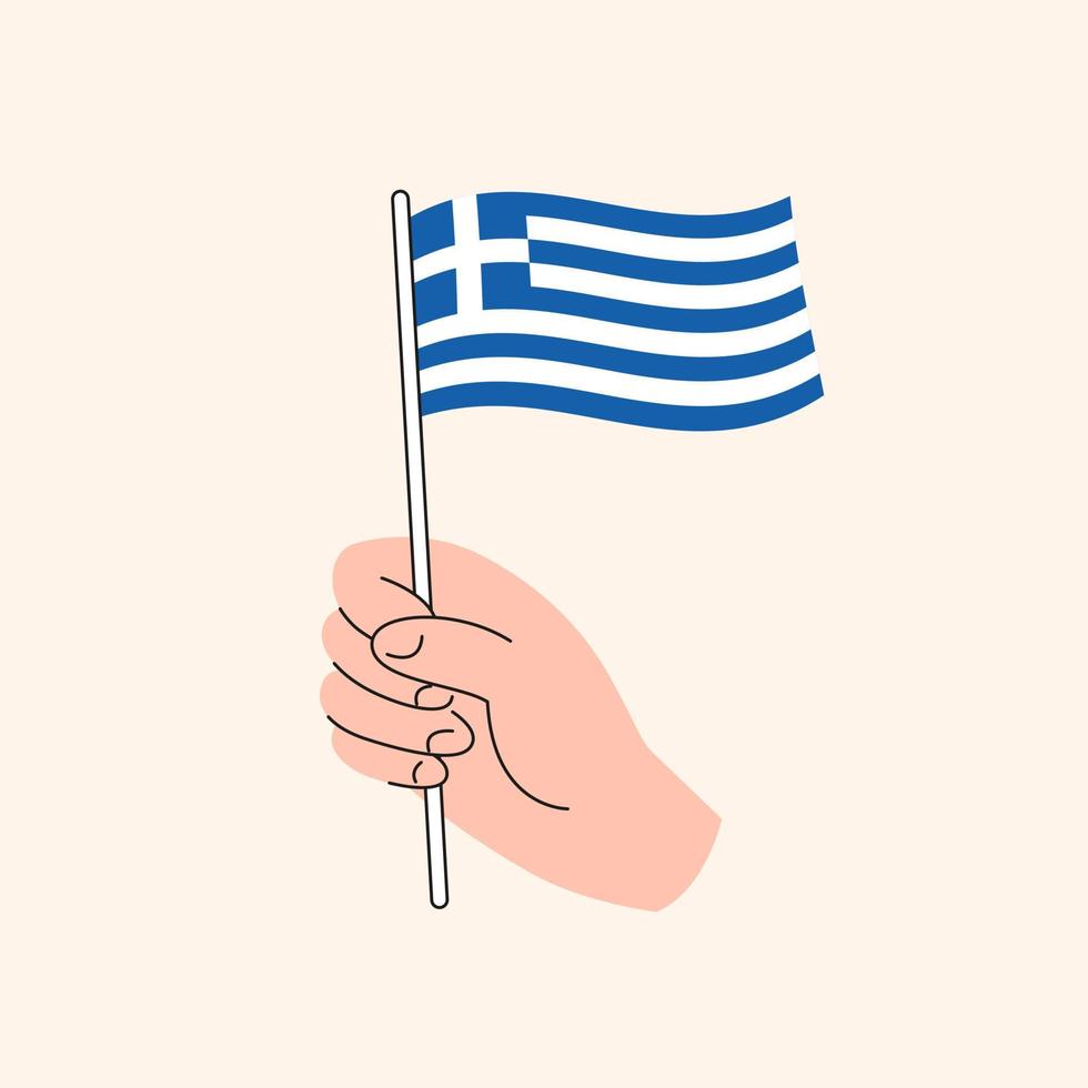 mano de dibujos animados sosteniendo la bandera griega. la bandera de grecia, ilustración conceptual. vector aislado de diseño plano.