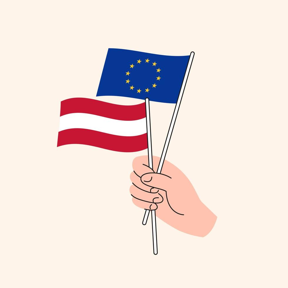 Cartoon Hand Holding European Union And Austrian Flags. EU Austria Relationships. Concept of Diplomacy, Politics And Democratic Negotiations. Flat Design Isolated Vector