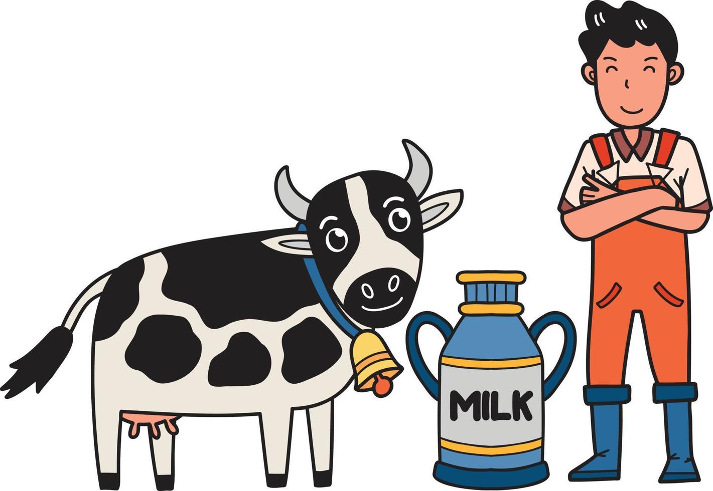 Hand Drawn male farmer milking cows illustration vector