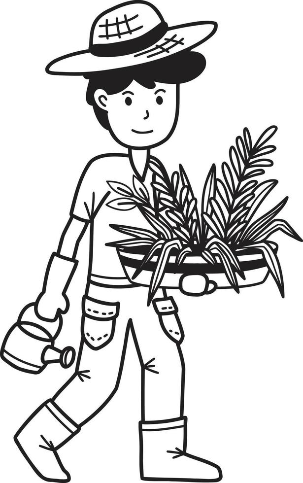 Hand Drawn male farmer holding a basket of fruits and vegetables illustration vector