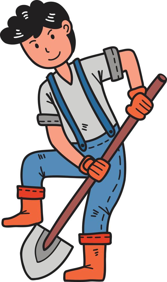 Hand Drawn Male farmer holding a hoe digging the ground illustration vector