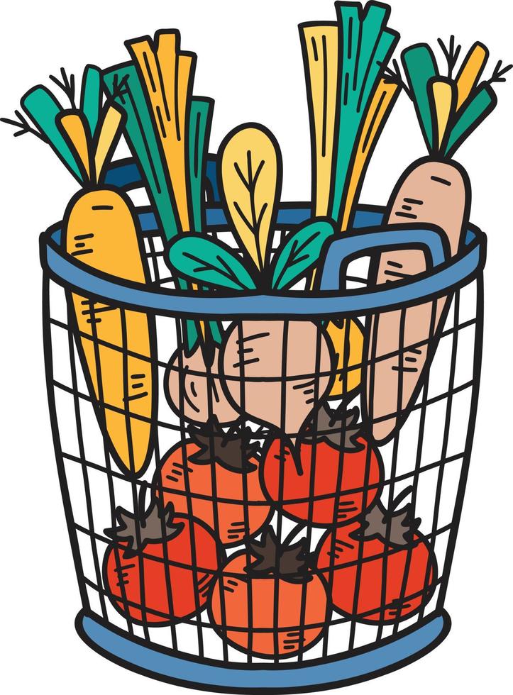Hand Drawn Basket with fruits and vegetables inside illustration vector