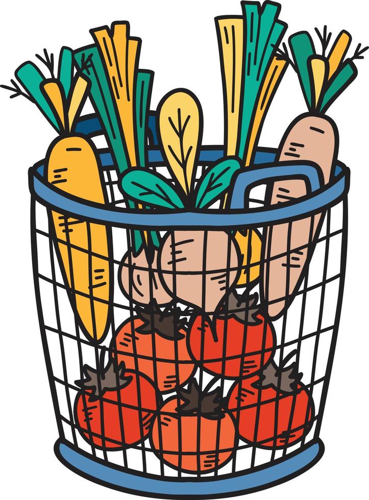 cesta dibujada a mano con frutas y verduras dentro de la ilustración vector