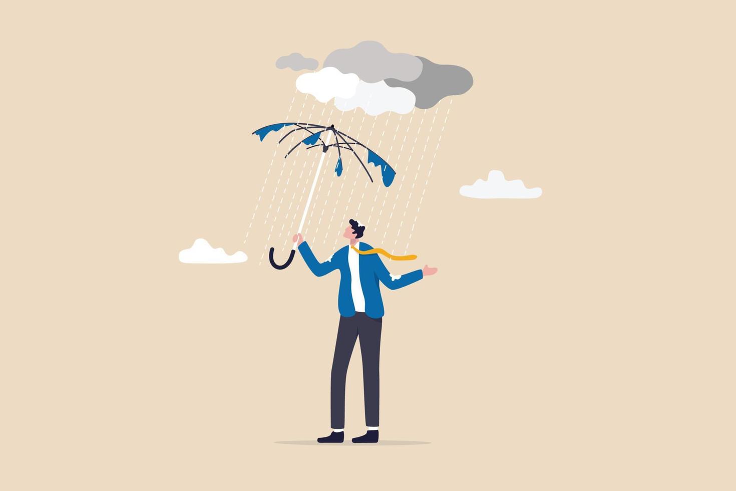 Useless or meaningless effort, disappointment, mistake or difficulty, trouble or struggle, mistake or bad decision concept, frustrated wet businessman with broken useless umbrella in the rain. vector