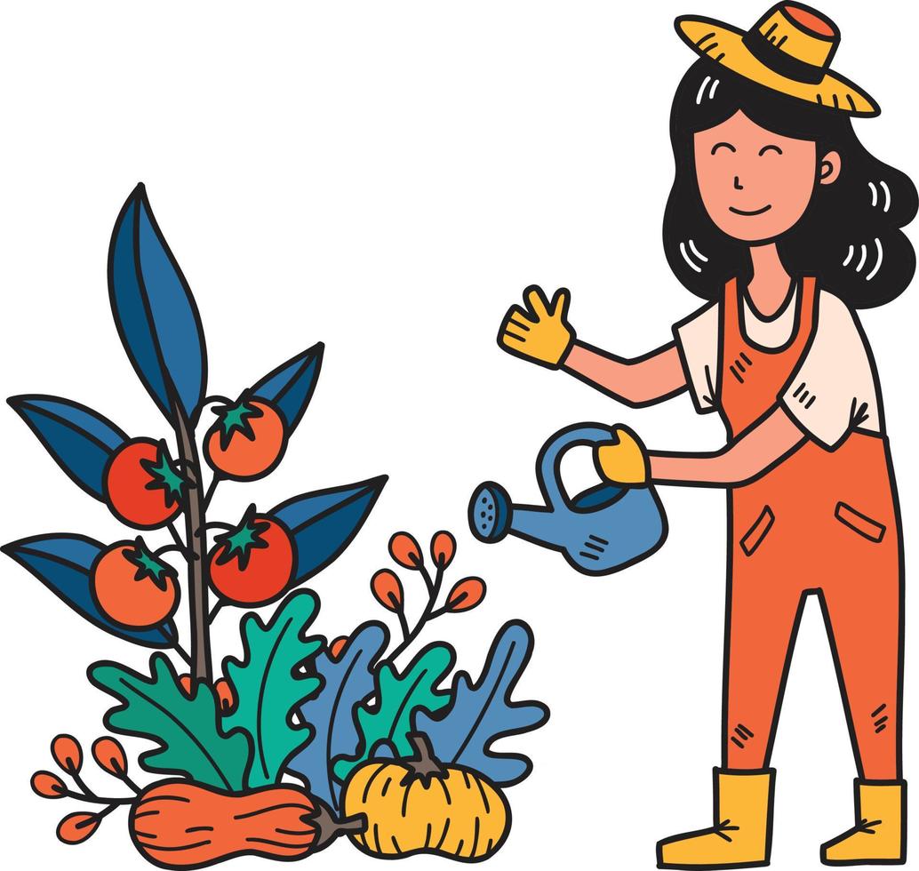 Hand Drawn female farmer holding a watering can illustration vector