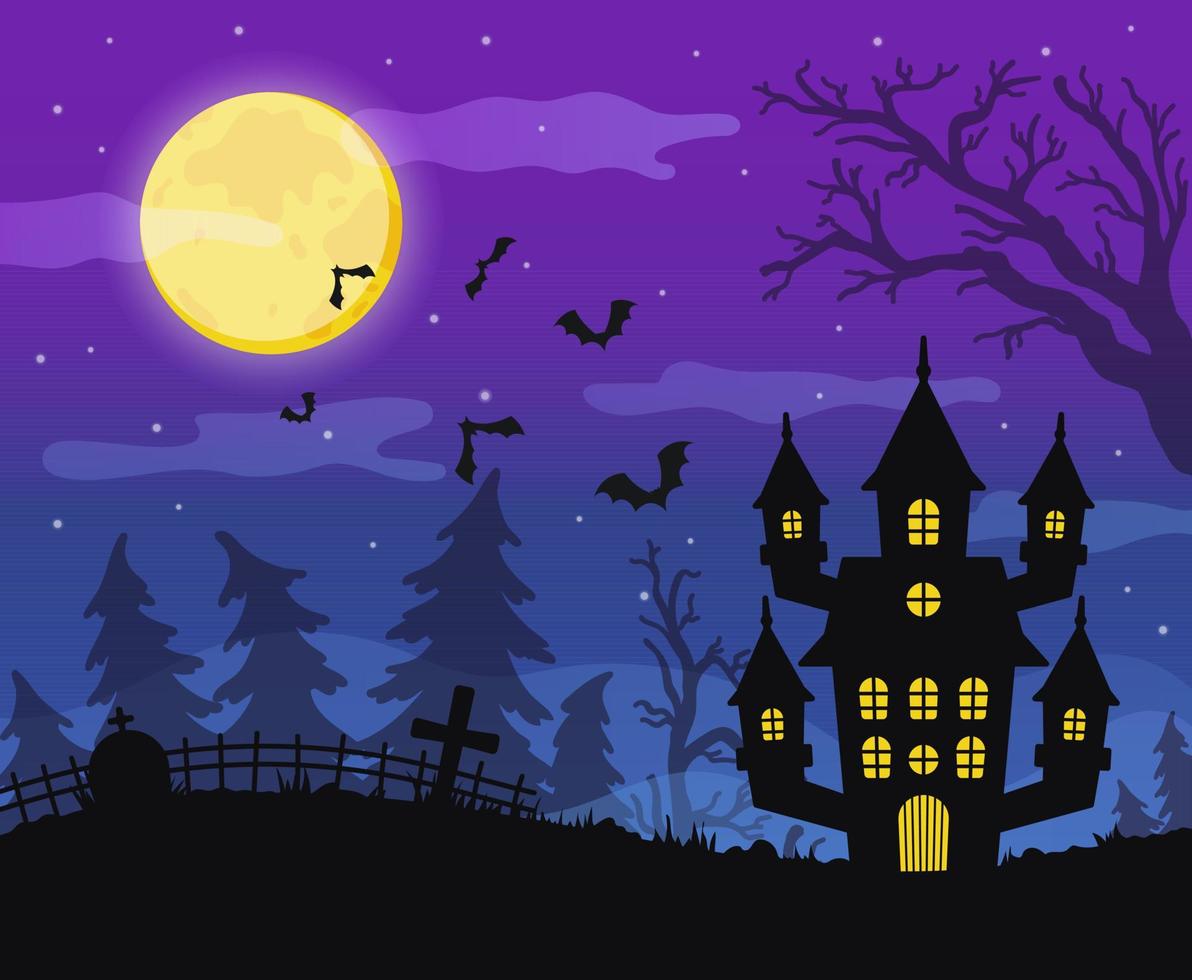 Halloween background with a haunted house and a cemetery. Vector illustration of a spooky abandoned house.