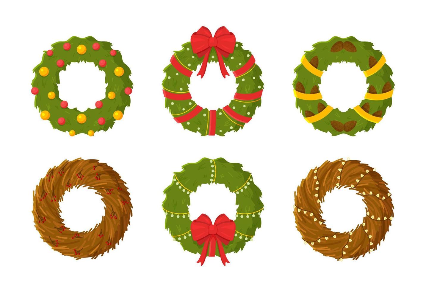 ilustración vectorial del conjunto de coronas navideñas. seis hermosas coronas navideñas. vector