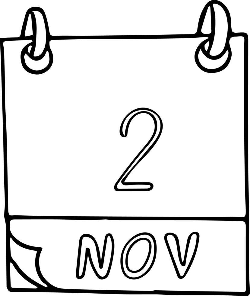 calendario dibujado a mano en estilo garabato. 2 de noviembre. día internacional para poner fin a la impunidad de los crímenes contra periodistas, fecha. icono, elemento adhesivo para el diseño. planificación, vacaciones de negocios vector